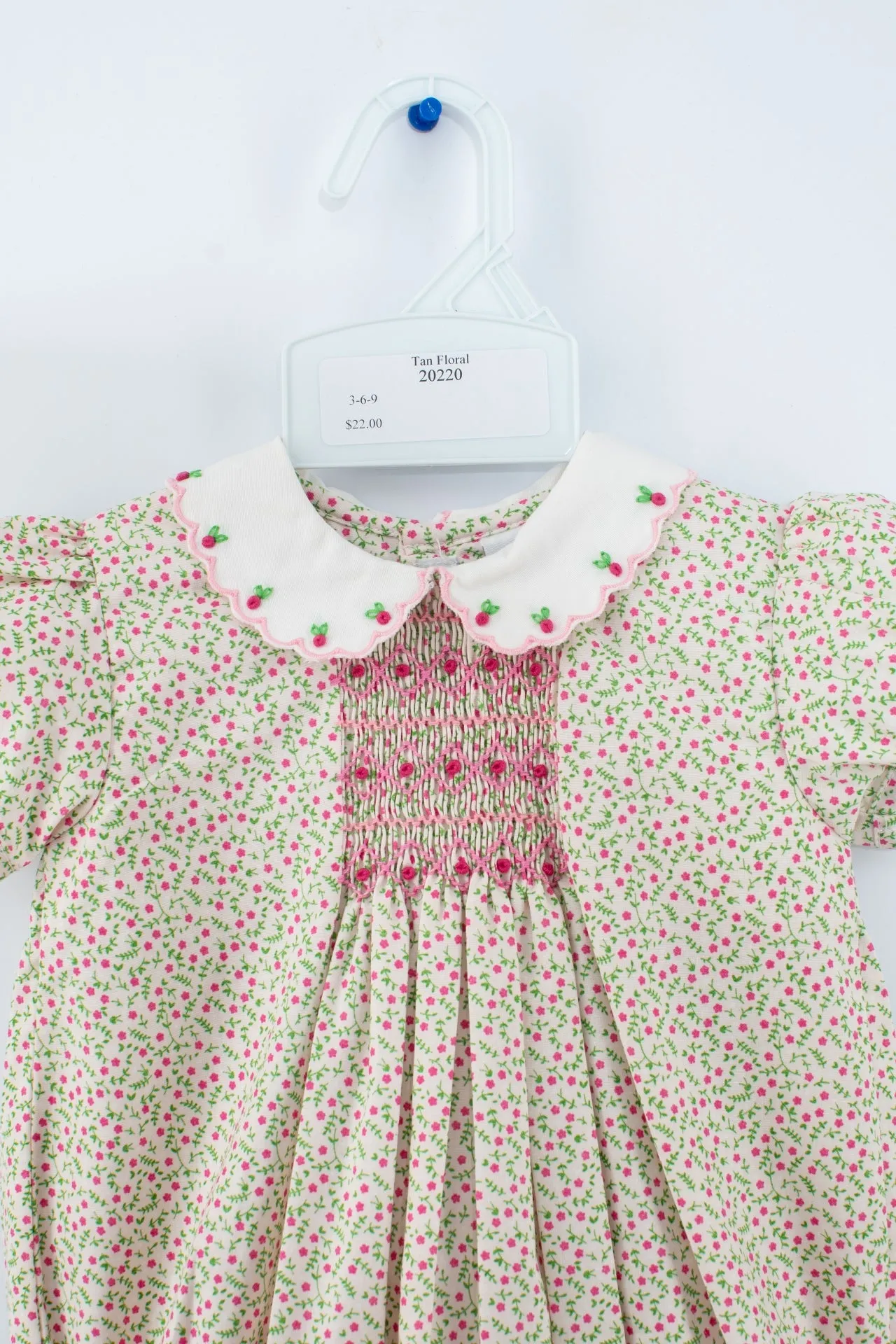 20220-Tan Floral Smocked Baby Girl Bubble Romper