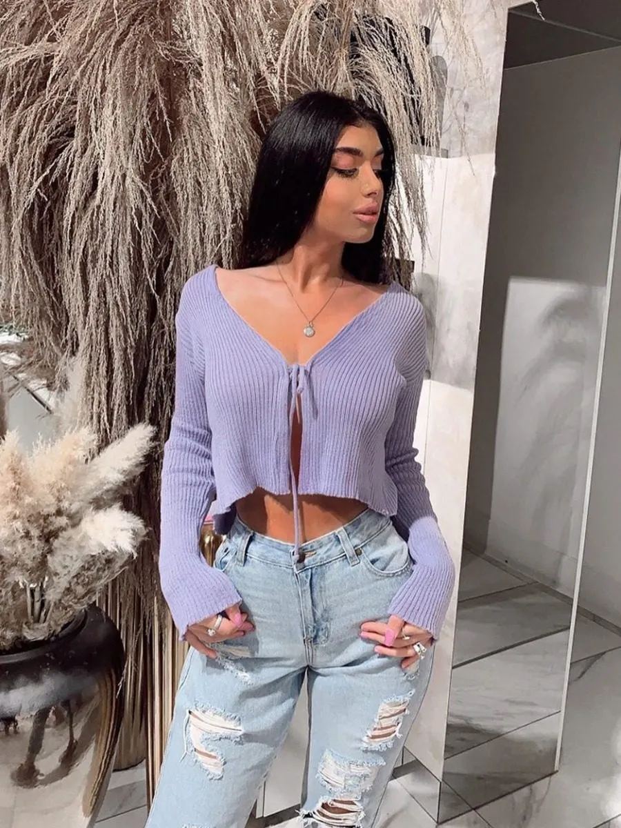 Anne Tie Front Knit Cardigan Top In Lilac