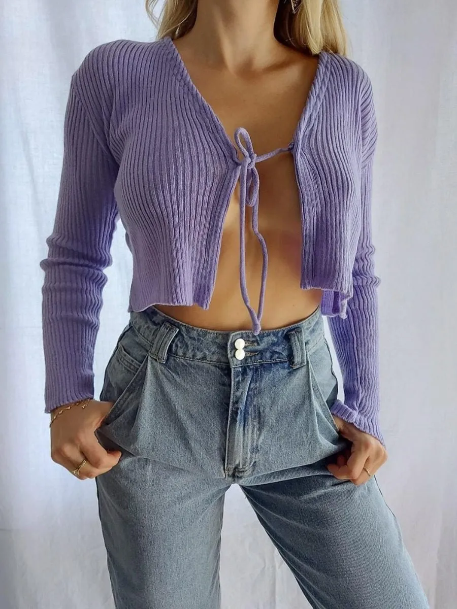 Anne Tie Front Knit Cardigan Top In Lilac
