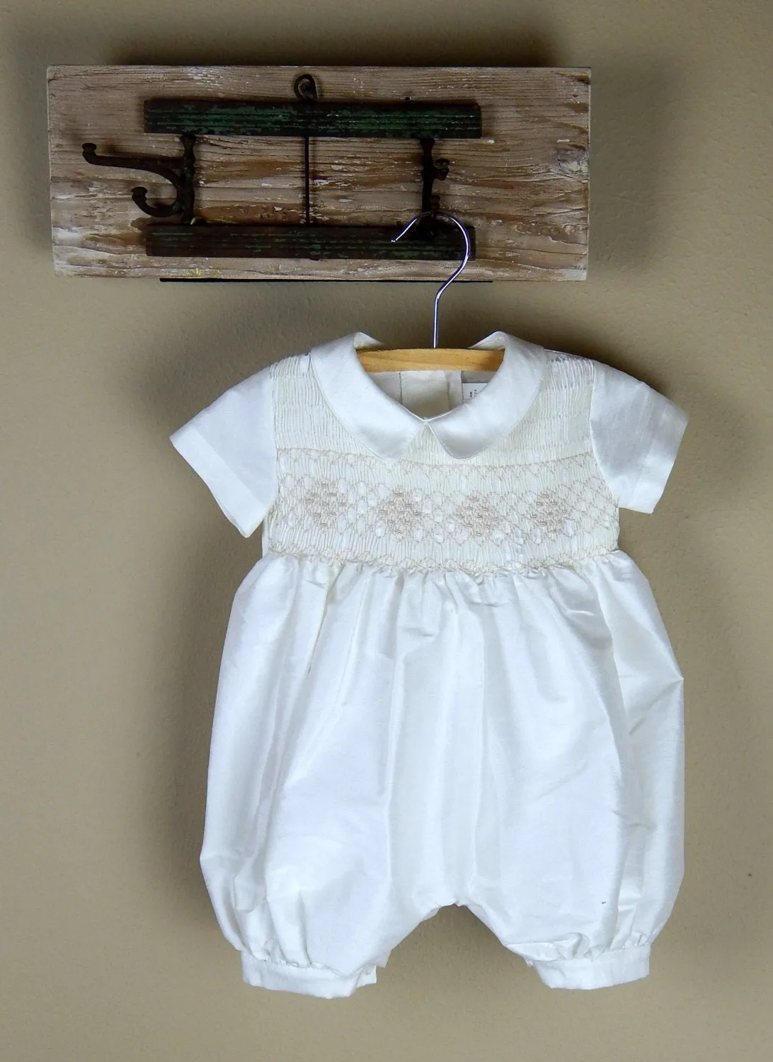 Baby Boy Romper Ivory -  Baby  Boy Outfit   - Ivory Shantung Baby Boy outfit - Smocked Romper - Special Occasion Baby Boy