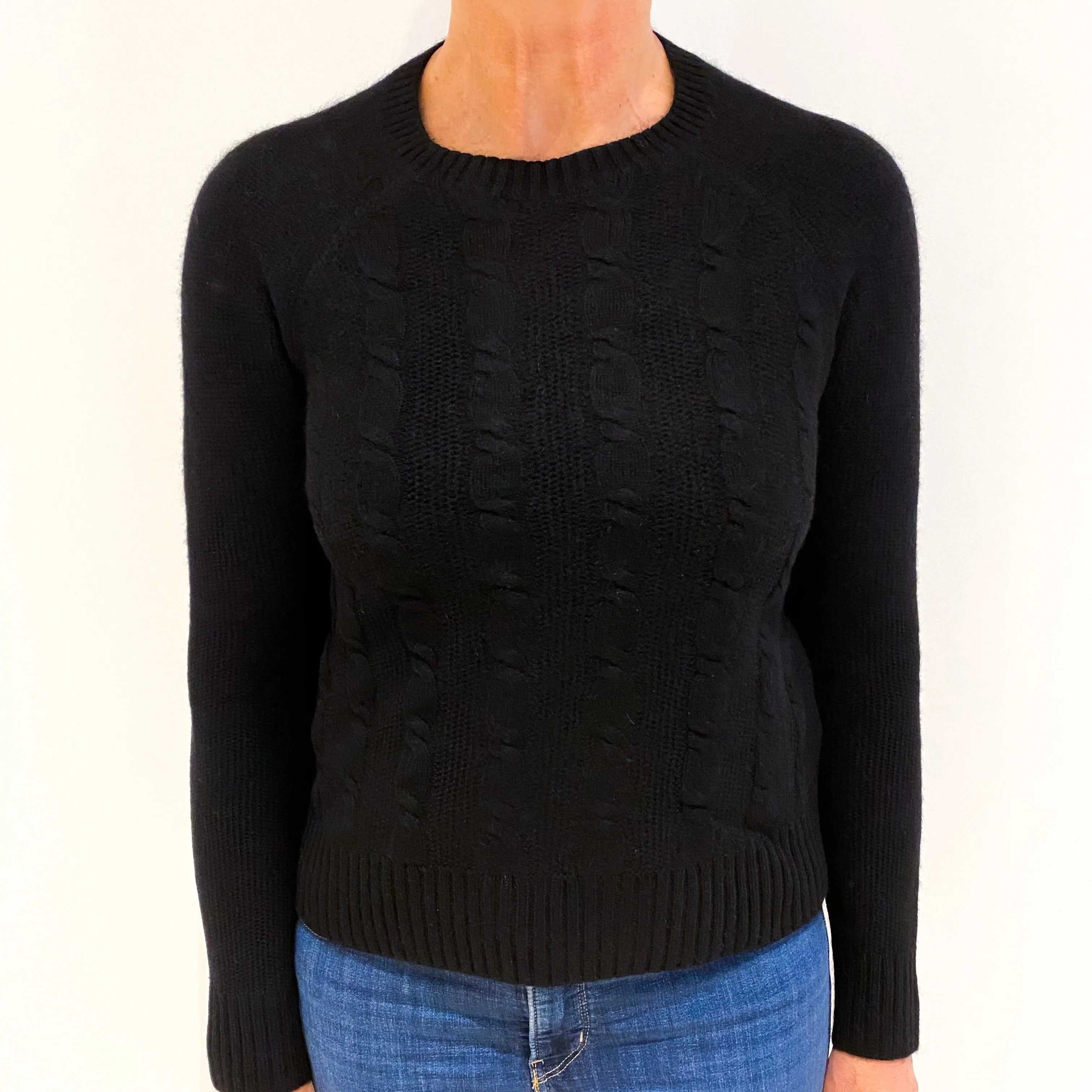 Black Cable Front Cashmere Crew Neck Jumper Medium