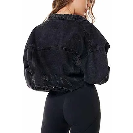 Black Cropped Distressing Denim Jacket