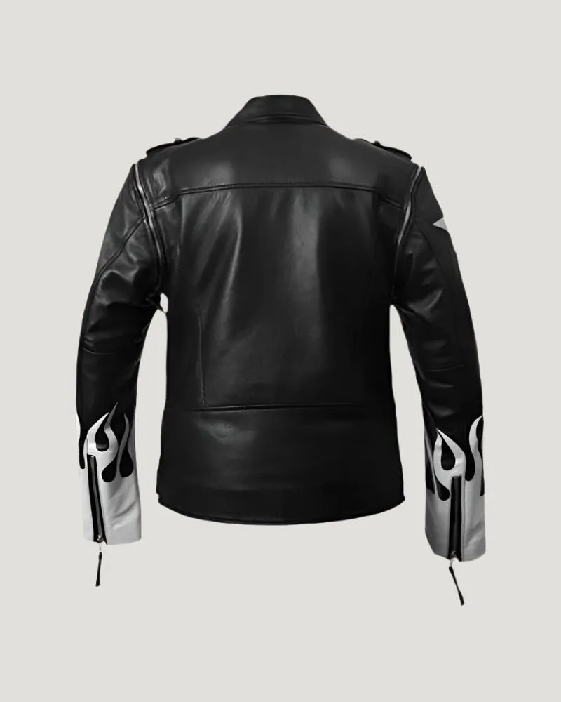Black Leather Jacket with White Flames
