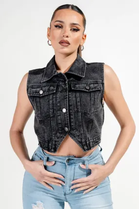 BLACK WASHED DENIM BUTTON DOWN CROPPED VEST JACKET