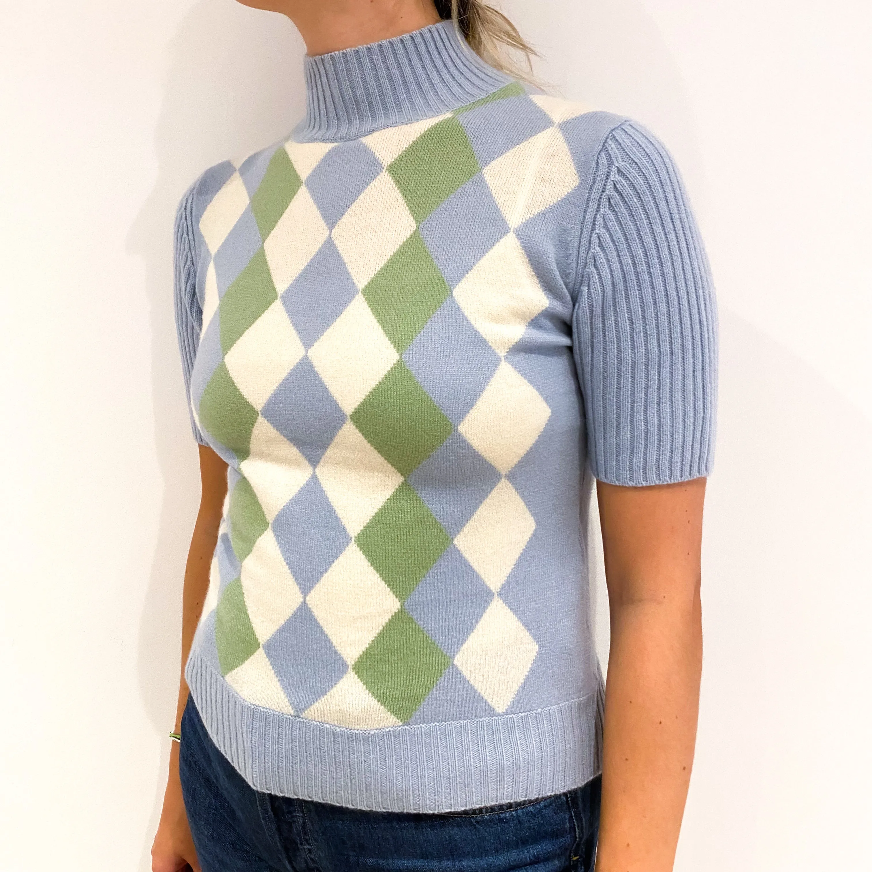 Blue, Green and Cream Short Sleeved Argyle Cashmere Turtle Neck Jumper Small