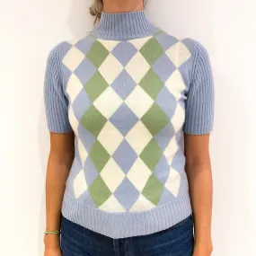 Blue, Green and Cream Short Sleeved Argyle Cashmere Turtle Neck Jumper Small