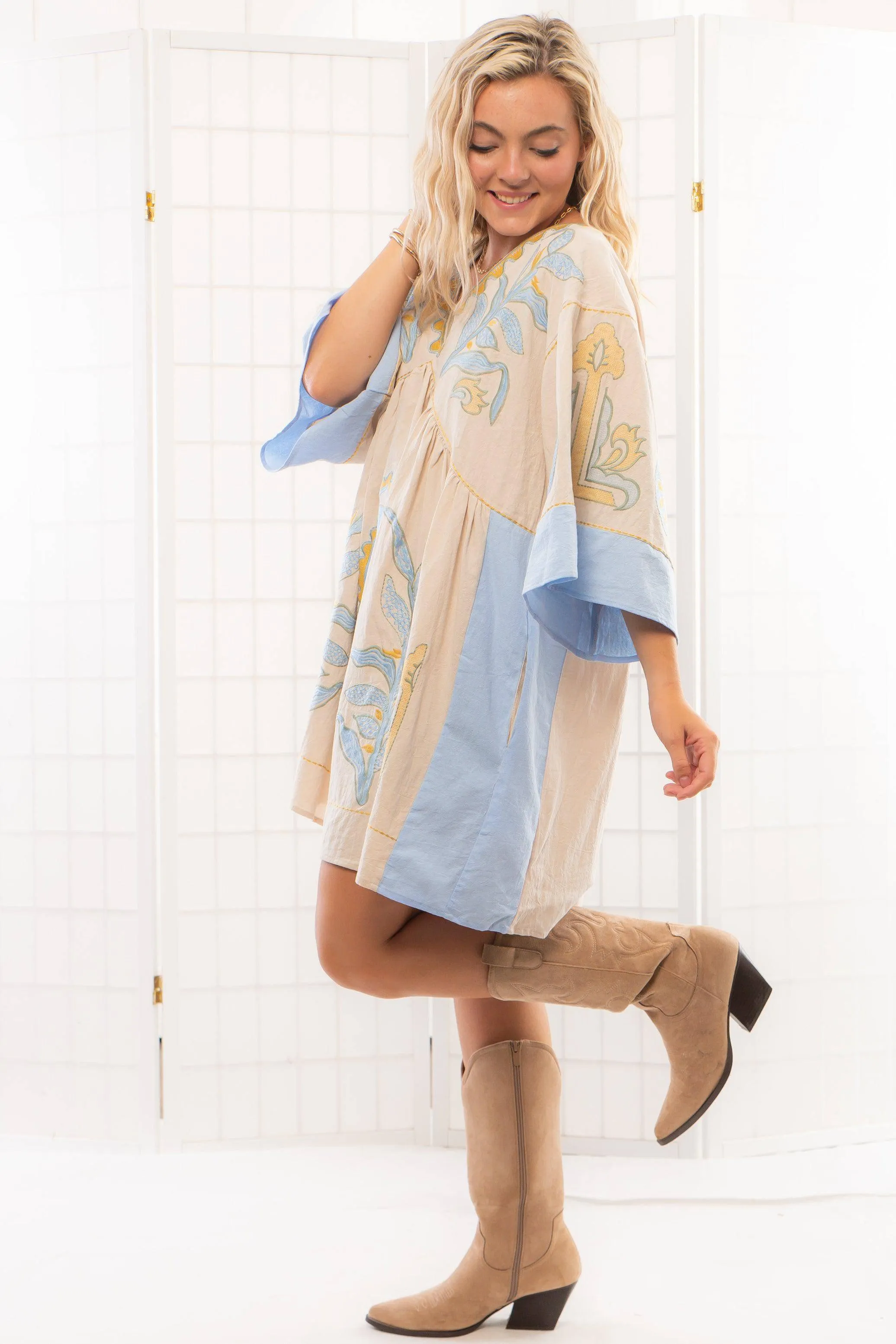 Boho Embroidered Blue Babydoll Dress