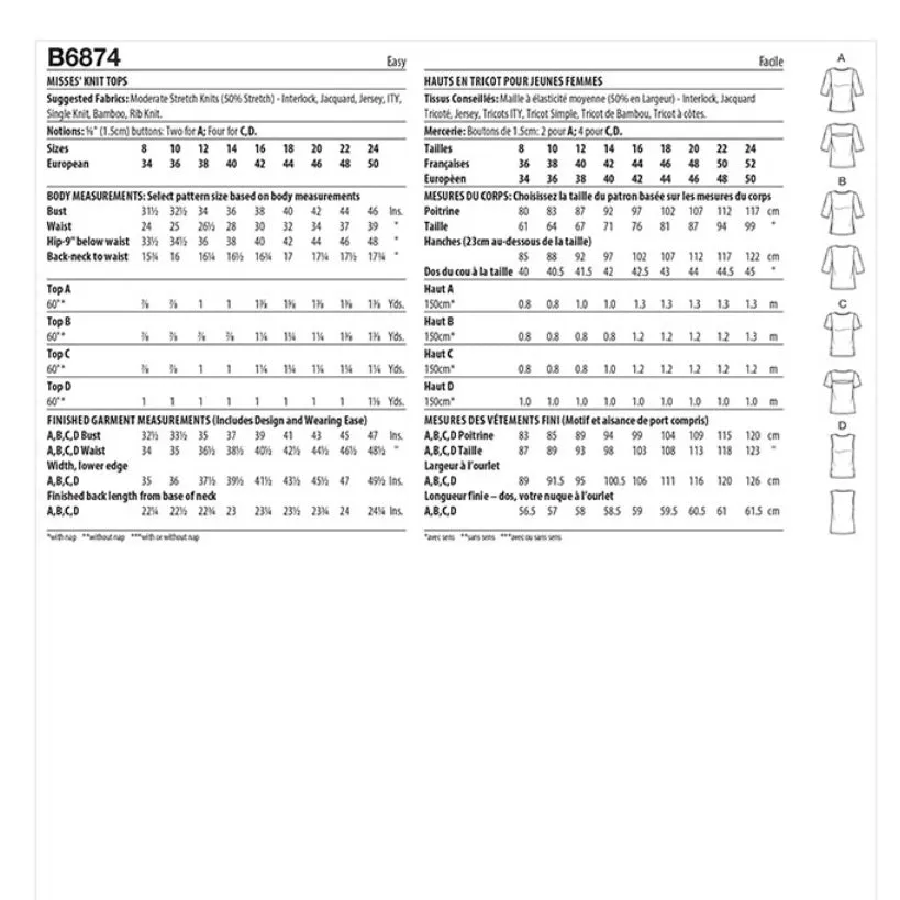 Butterick B6874 Knit Top Sewing Pattern