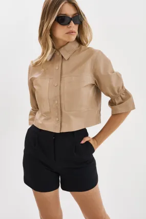 Carolina Cropped Ruffle-Sleeve Leather Jacket