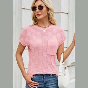 Checkered Round Neck Short Sleeve Knit Top