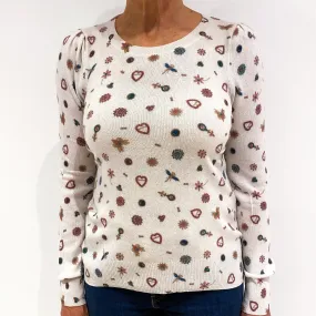 Cream Patterned Cashmere Crew Neck Jumper Medium