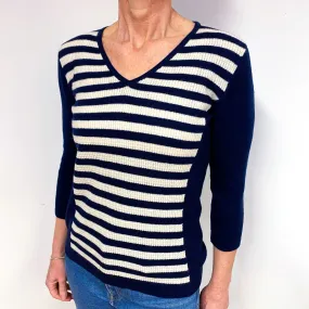 Dark Navy And Cream Cashmere V-Neck Jumper Medium