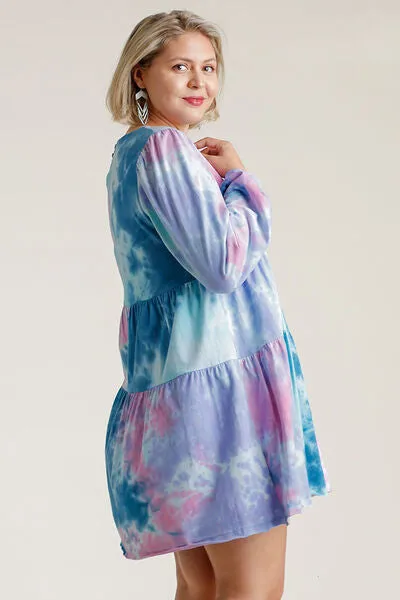 Dreamy Daze Tie Dye Long Sleeve Babydoll Tiered Dress in Teal/Pink