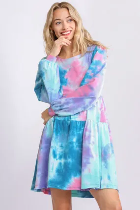 Dreamy Daze Tie Dye Long Sleeve Babydoll Tiered Dress in Teal/Pink