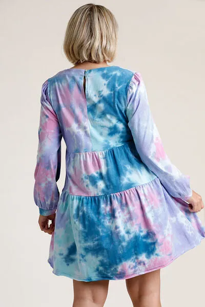 Dreamy Daze Tie Dye Long Sleeve Babydoll Tiered Dress in Teal/Pink