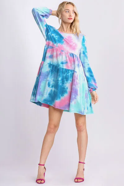 Dreamy Daze Tie Dye Long Sleeve Babydoll Tiered Dress in Teal/Pink
