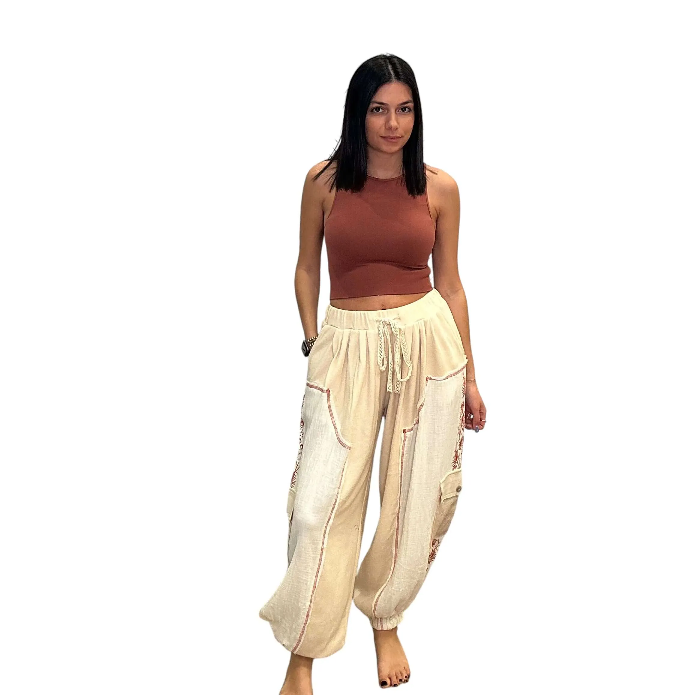 Embroidered Detail Joggers - Toasted Almond