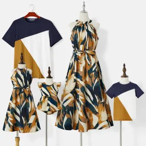 Family Matching Allover Geo Print Halter Belted Midi Dresses and Short-sleeve Colorblock T-shirts Sets