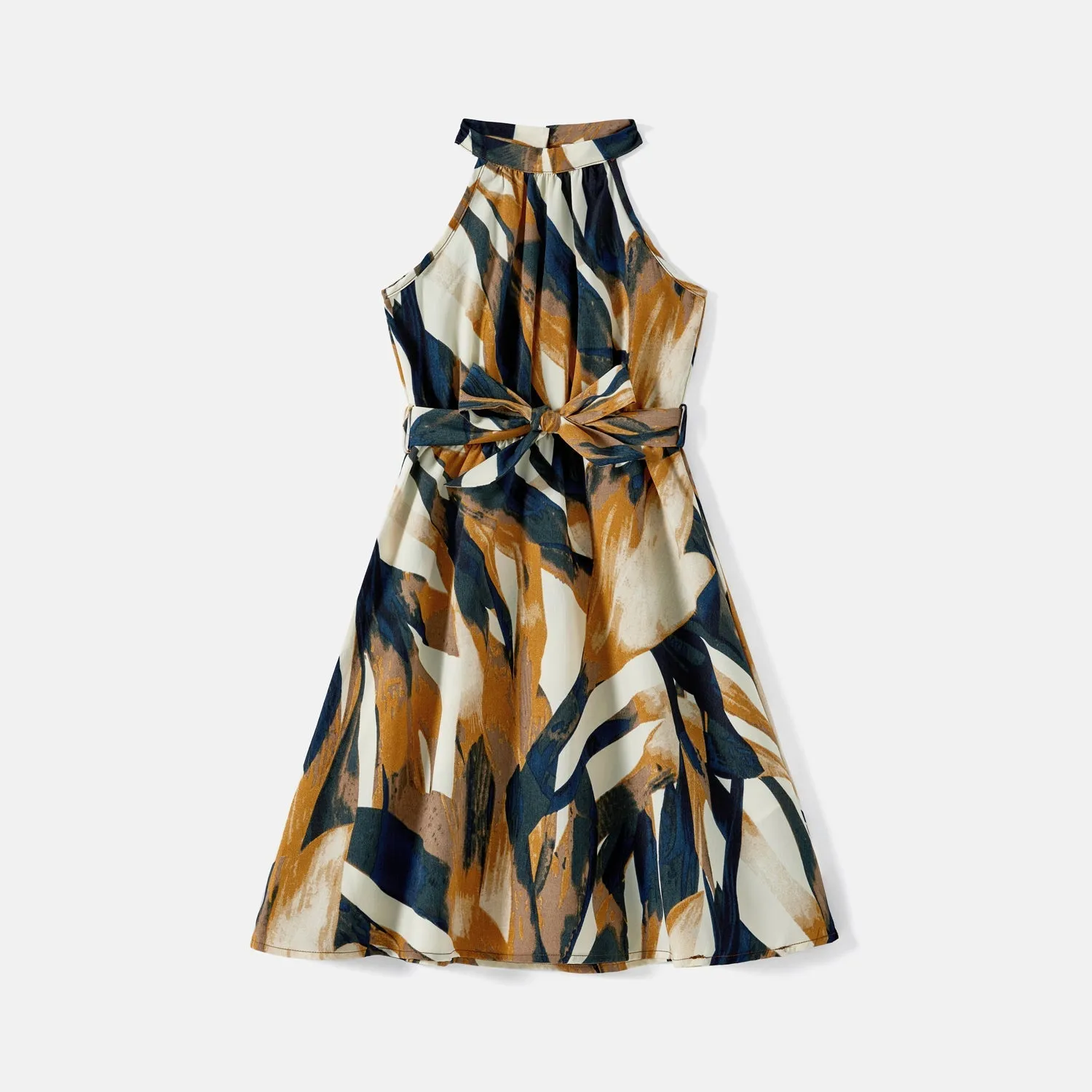 Family Matching Allover Geo Print Halter Belted Midi Dresses and Short-sleeve Colorblock T-shirts Sets