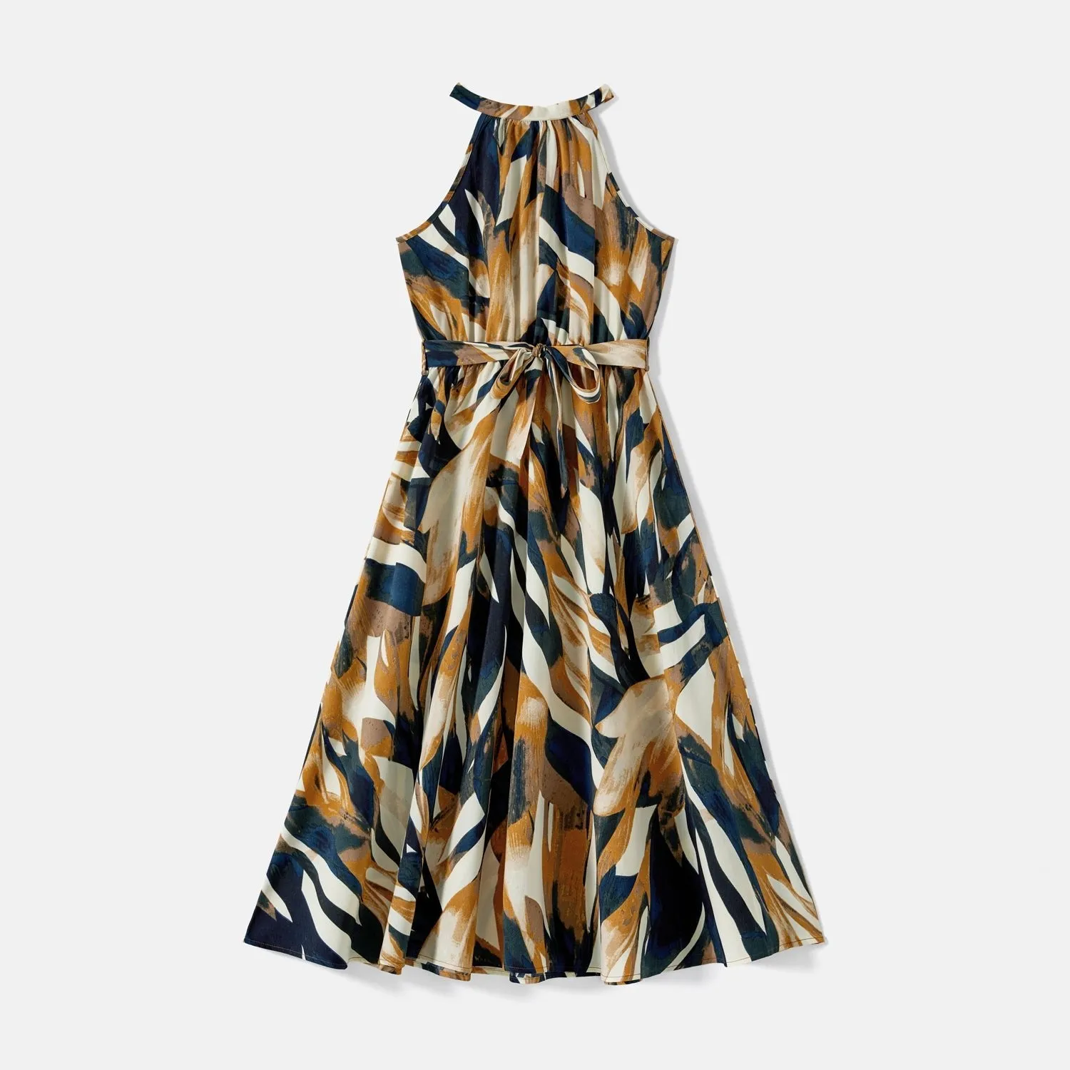 Family Matching Allover Geo Print Halter Belted Midi Dresses and Short-sleeve Colorblock T-shirts Sets