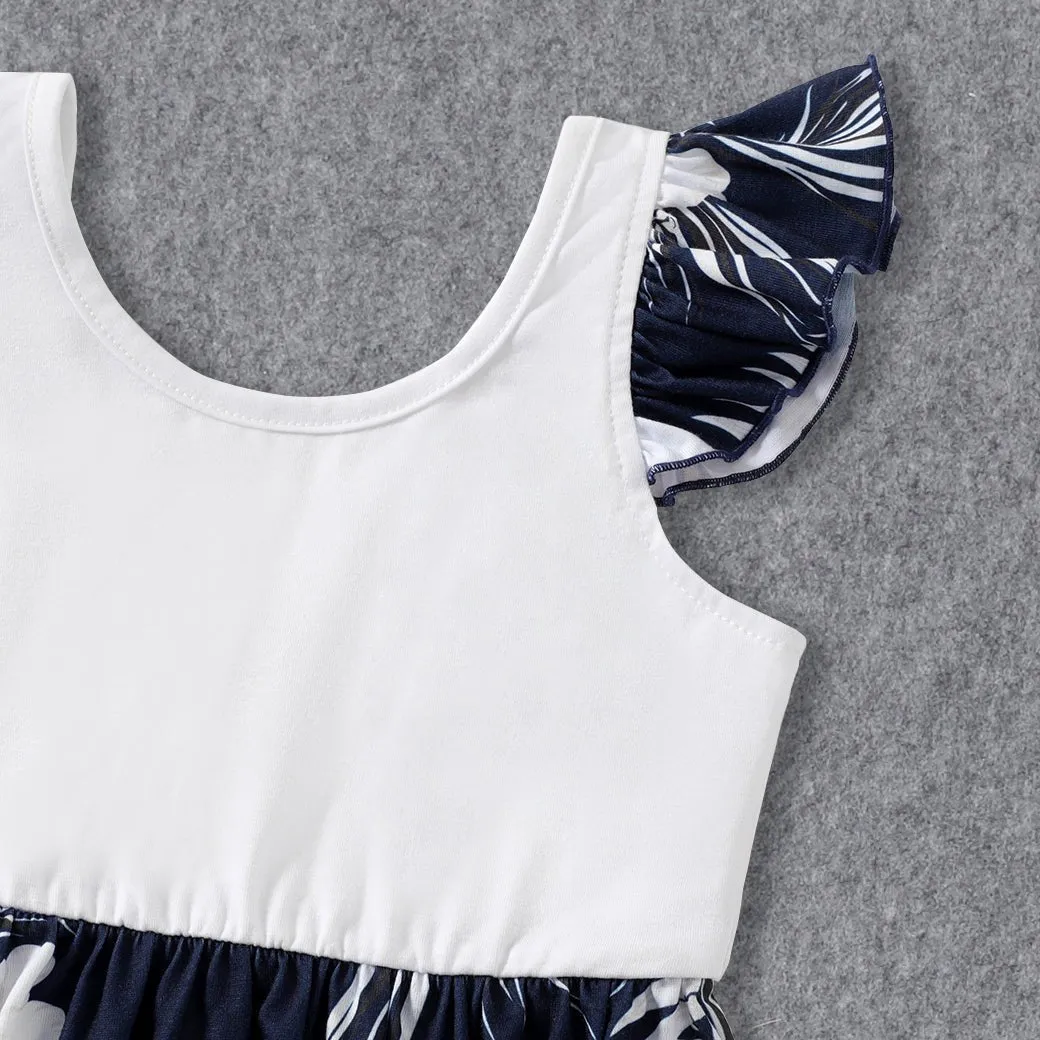 Family Matching White Spaghetti Strap Ruffle V Neck Splicing Floral Print Dresses and Short-sleeve T-shirts Sets