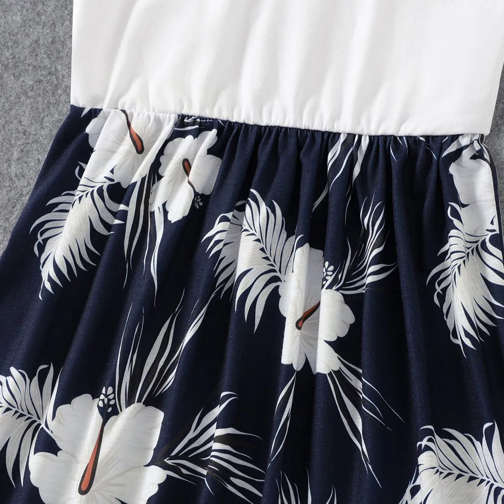 Family Matching White Spaghetti Strap Ruffle V Neck Splicing Floral Print Dresses and Short-sleeve T-shirts Sets
