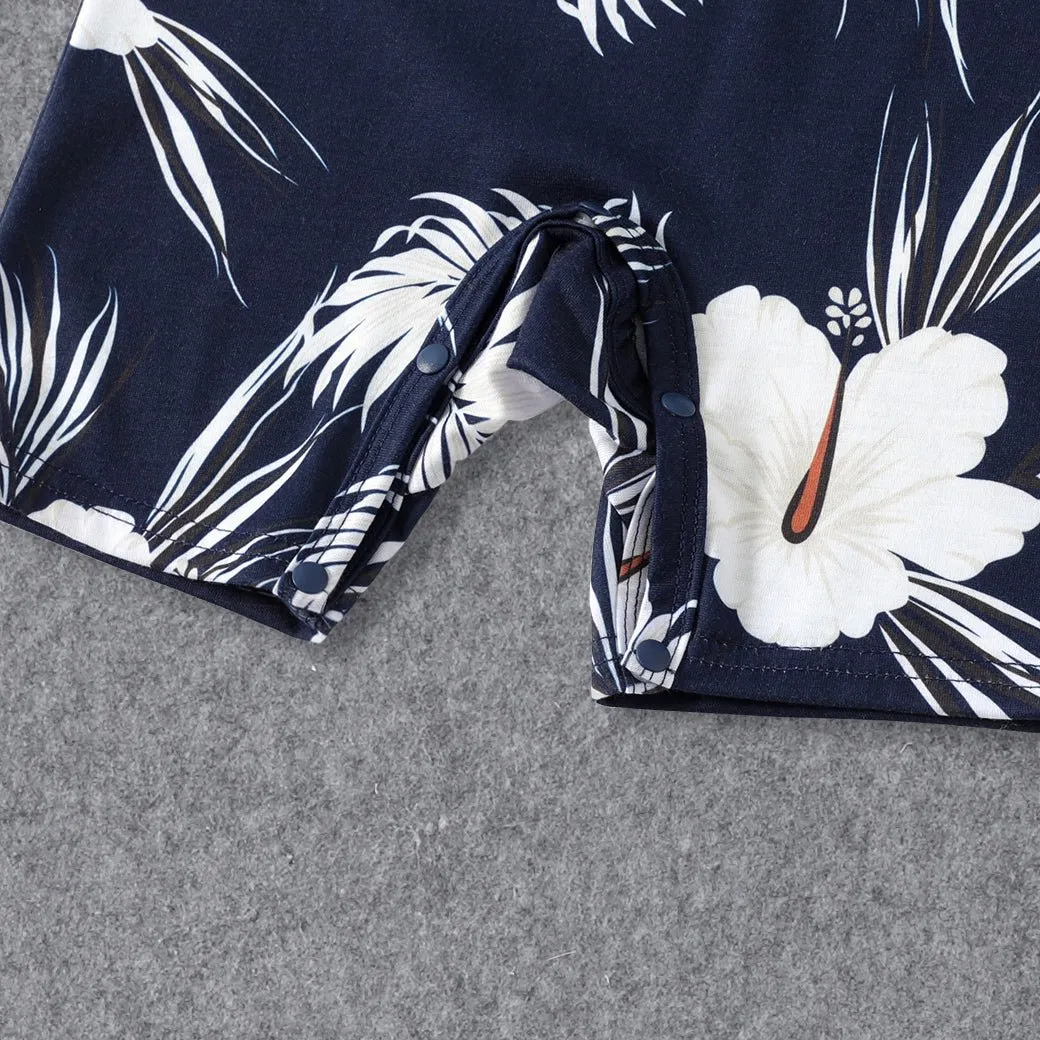 Family Matching White Spaghetti Strap Ruffle V Neck Splicing Floral Print Dresses and Short-sleeve T-shirts Sets