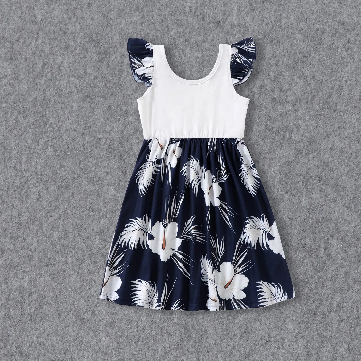 Family Matching White Spaghetti Strap Ruffle V Neck Splicing Floral Print Dresses and Short-sleeve T-shirts Sets