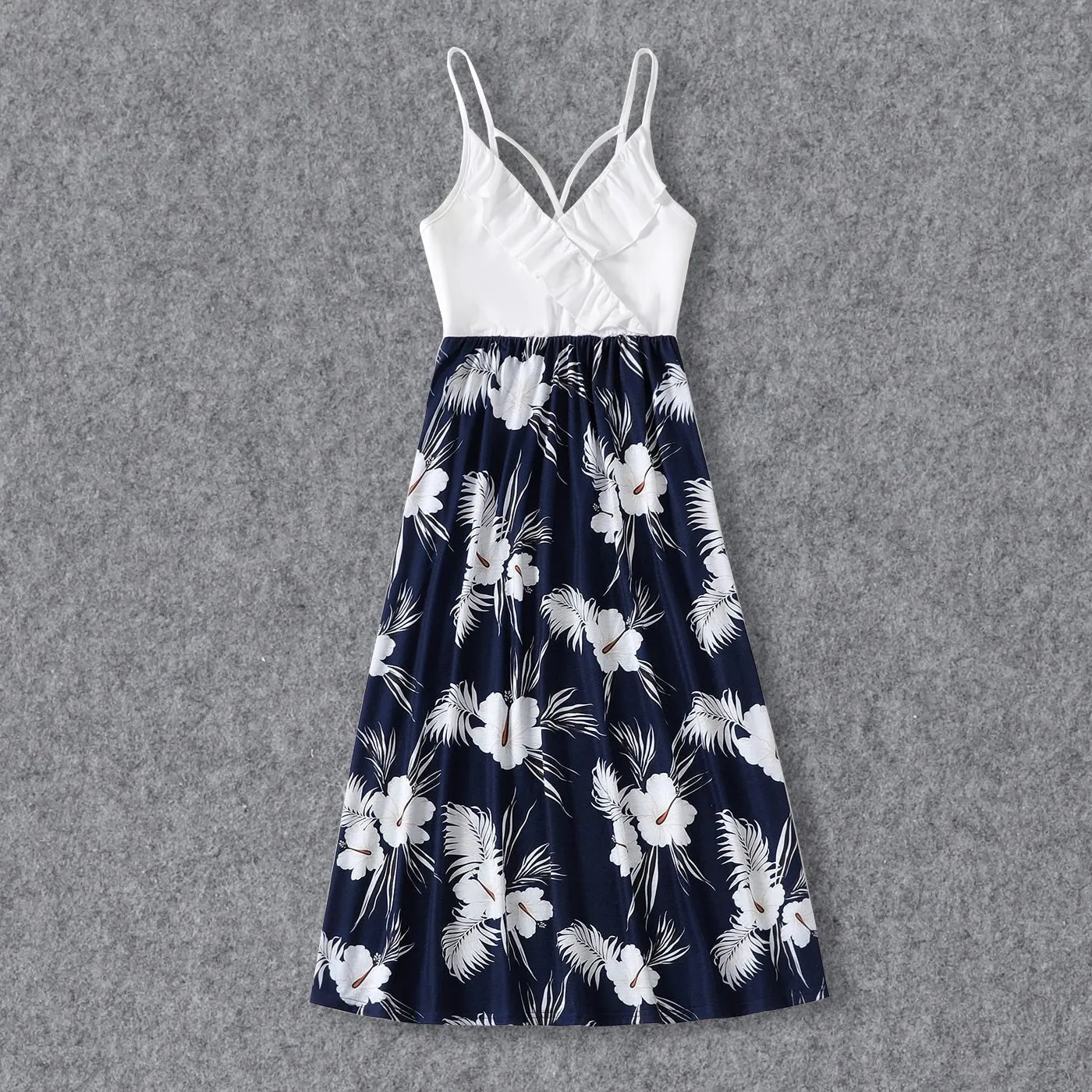 Family Matching White Spaghetti Strap Ruffle V Neck Splicing Floral Print Dresses and Short-sleeve T-shirts Sets