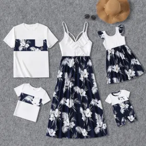 Family Matching White Spaghetti Strap Ruffle V Neck Splicing Floral Print Dresses and Short-sleeve T-shirts Sets