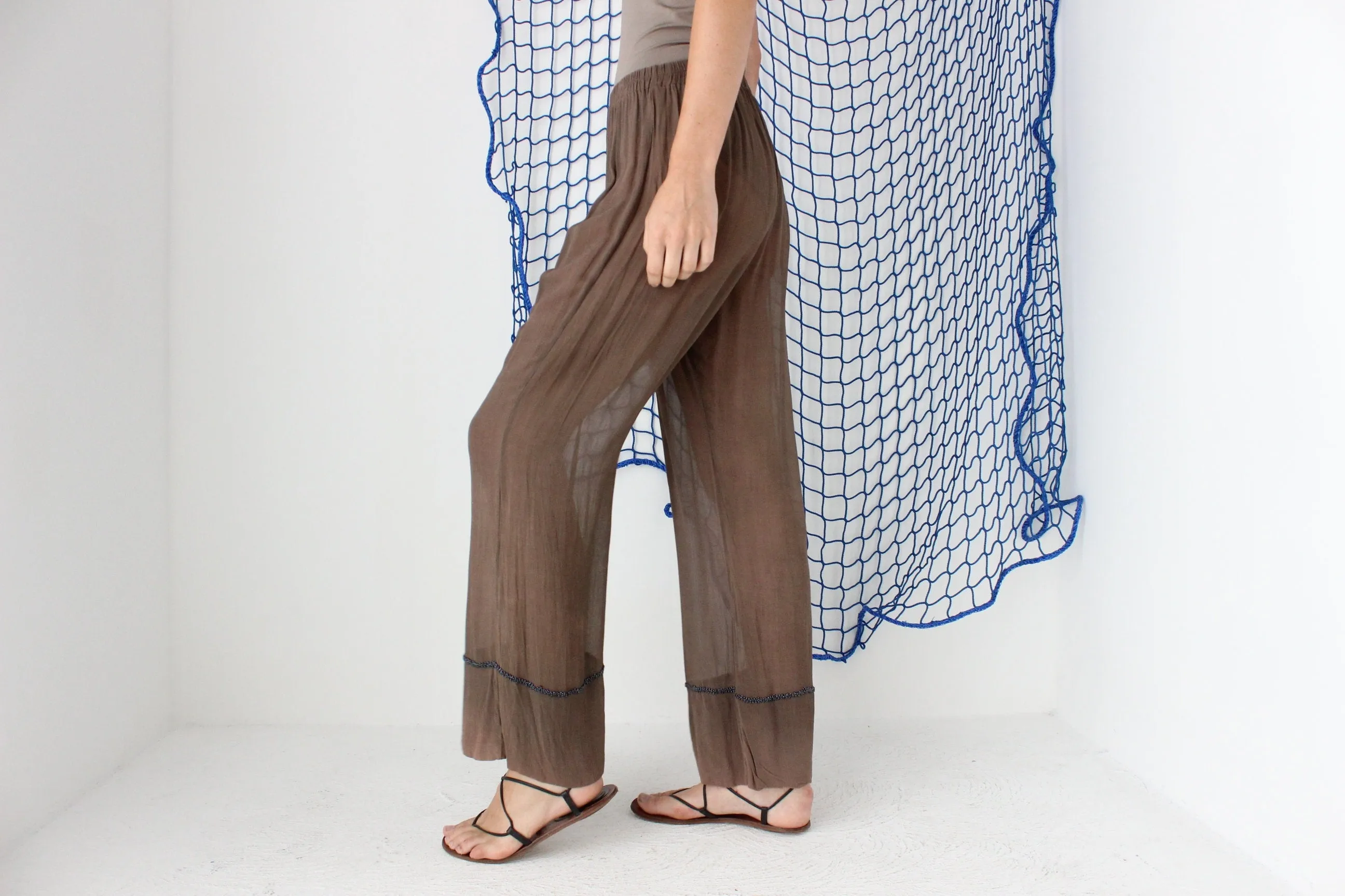 FOUND IN GREECE 90s Sheer Rayon Slouch Pants w/ Beaded Detail