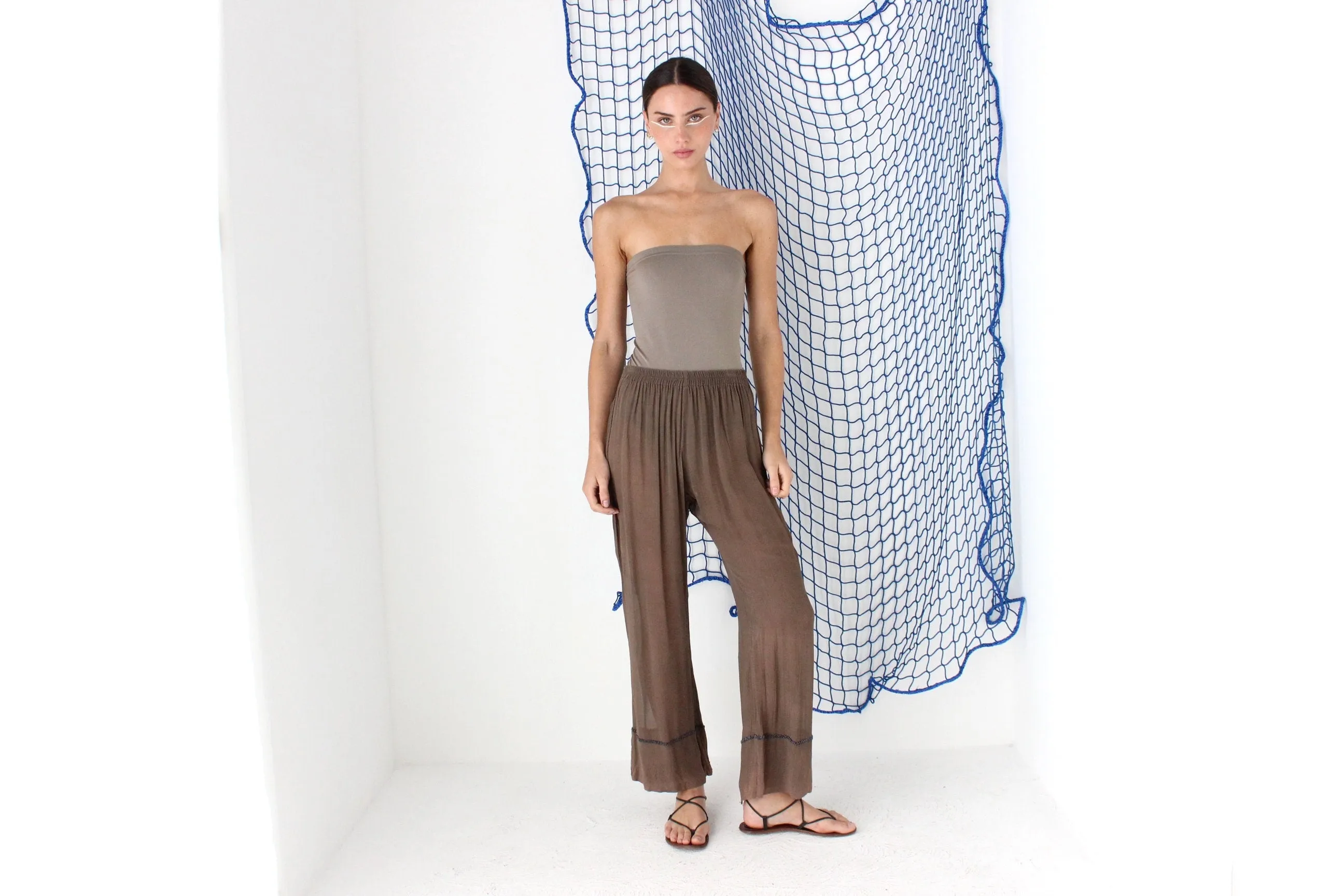 FOUND IN GREECE 90s Sheer Rayon Slouch Pants w/ Beaded Detail