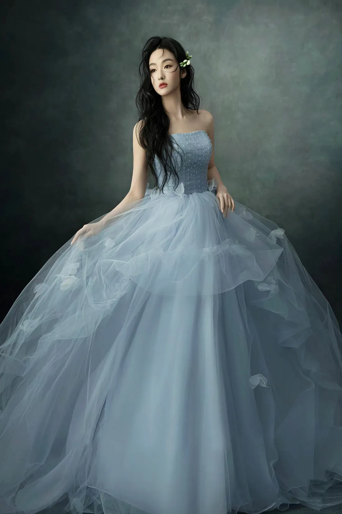 Gray Blue Strapless Tulle Long Prom Dress, Beautiful A-Line Evening Party Dress