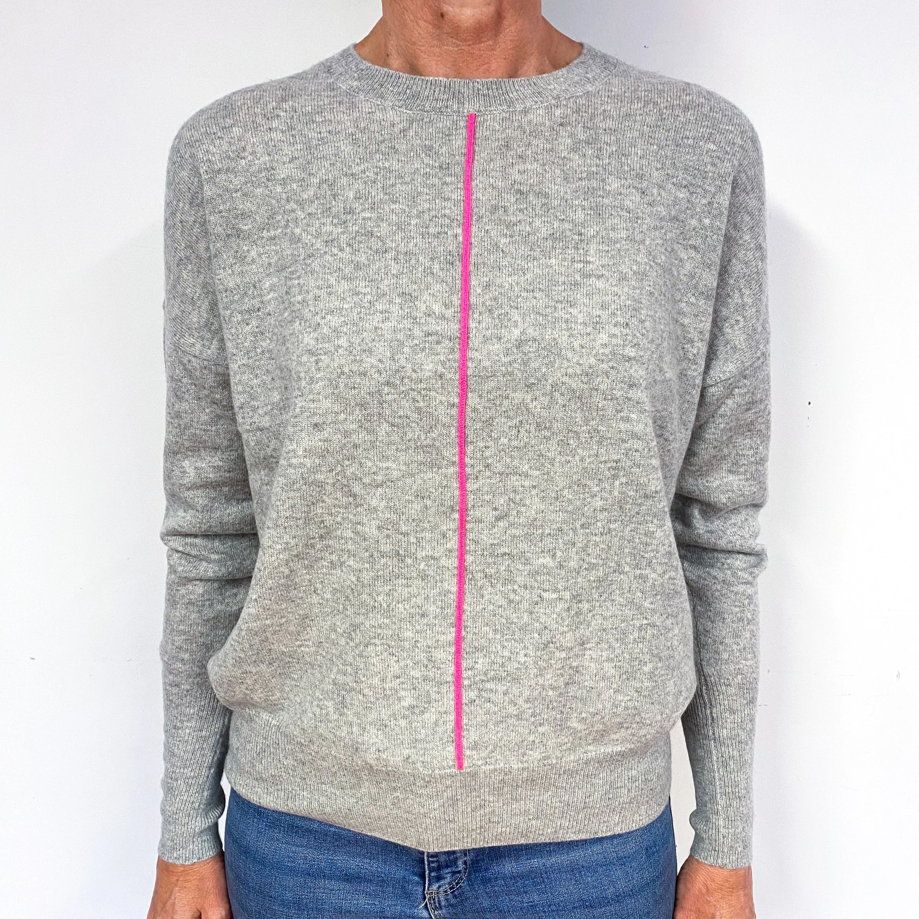 Grey Neon Pink Stripe Cashmere Crew Neck Jumper Medium