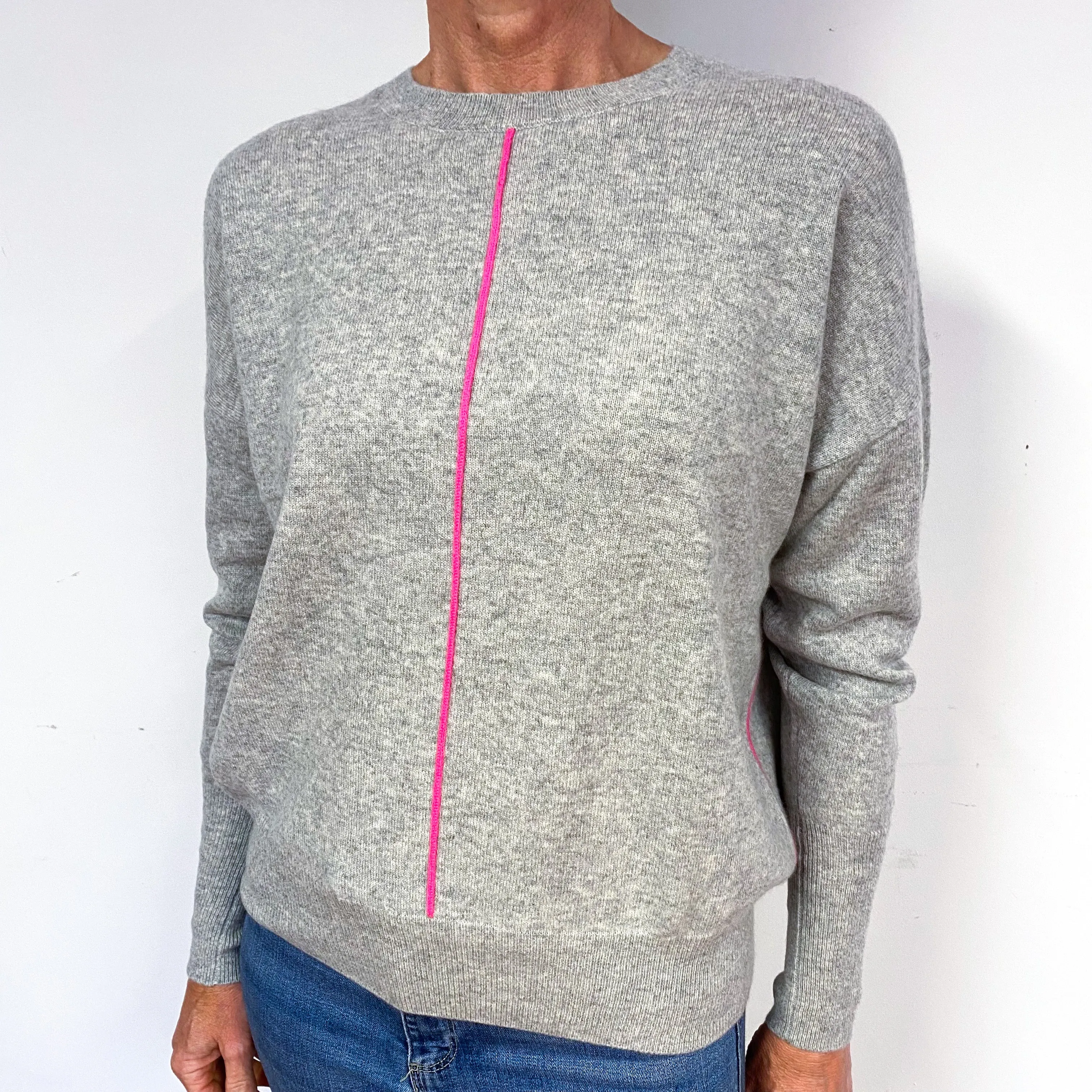 Grey Neon Pink Stripe Cashmere Crew Neck Jumper Medium