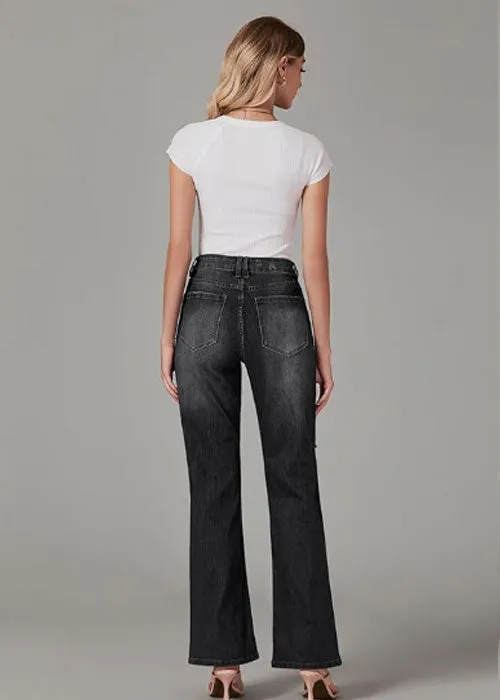 High Waisted Ripped Flare Jeans for Women Distressed Bell Bottom Jeans Wide Leg Pants (Soft Black)