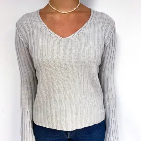 Ivory Grey Chunky Cashmere V-Neck Jumper Small