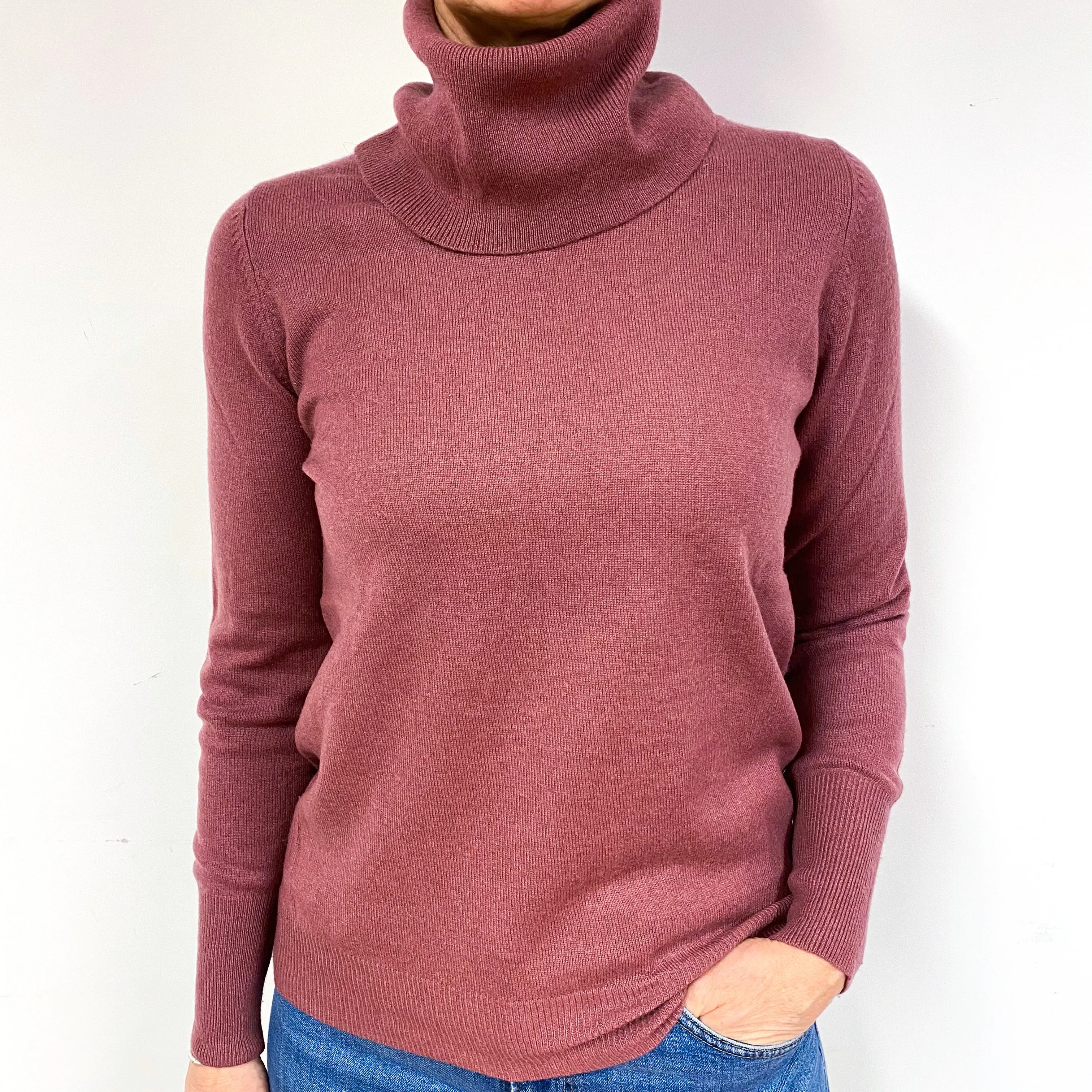 Jaeger Heather Pink Cashmere Polo Neck Jumper Medium