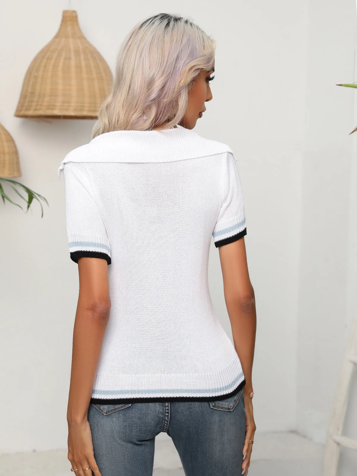 Johnny Collar Openwork Knit Top