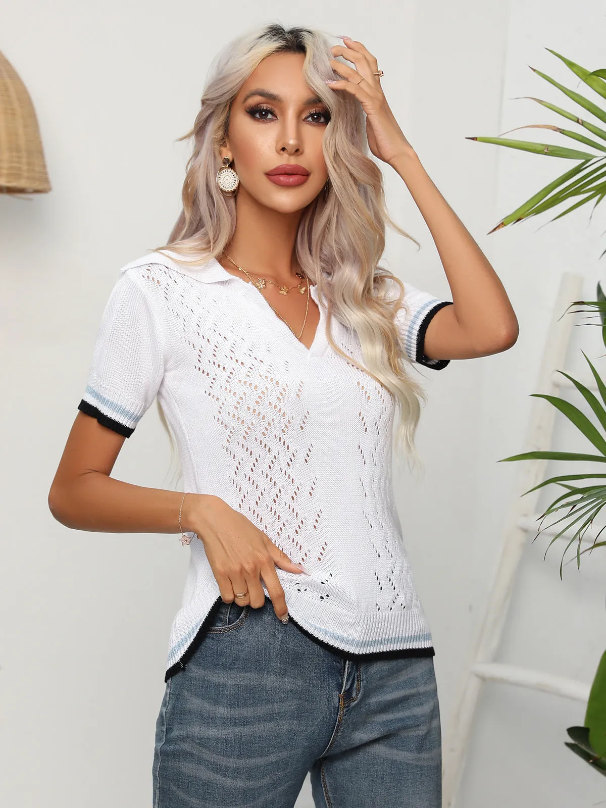 Johnny Collar Openwork Knit Top