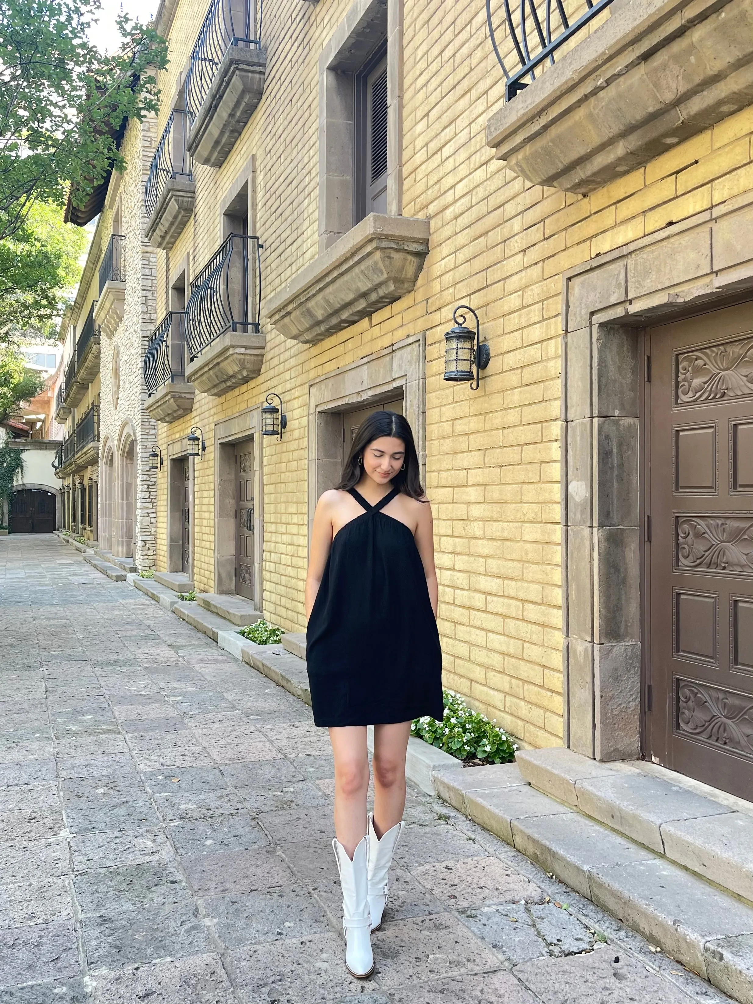 Katerina Linen & Cotton Cross Front Dress In Black