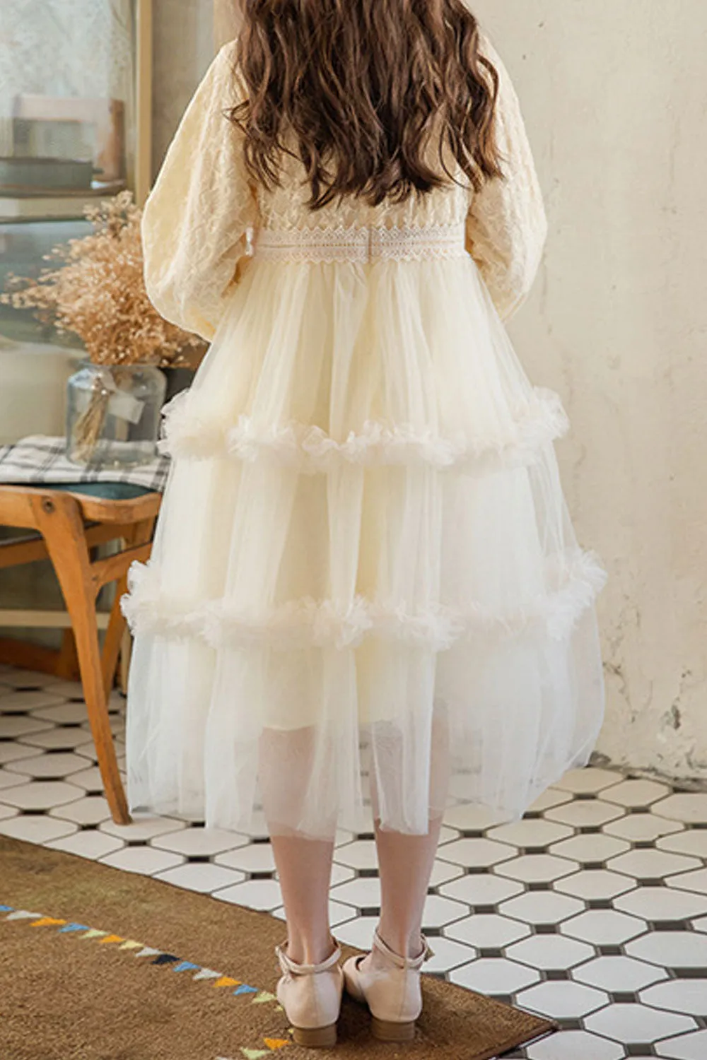 Kids Girls Lace Decorated Stylish Solid Colored Easy Round Neck Long Sleeve Winter Party Dress - C2716ZWKGD