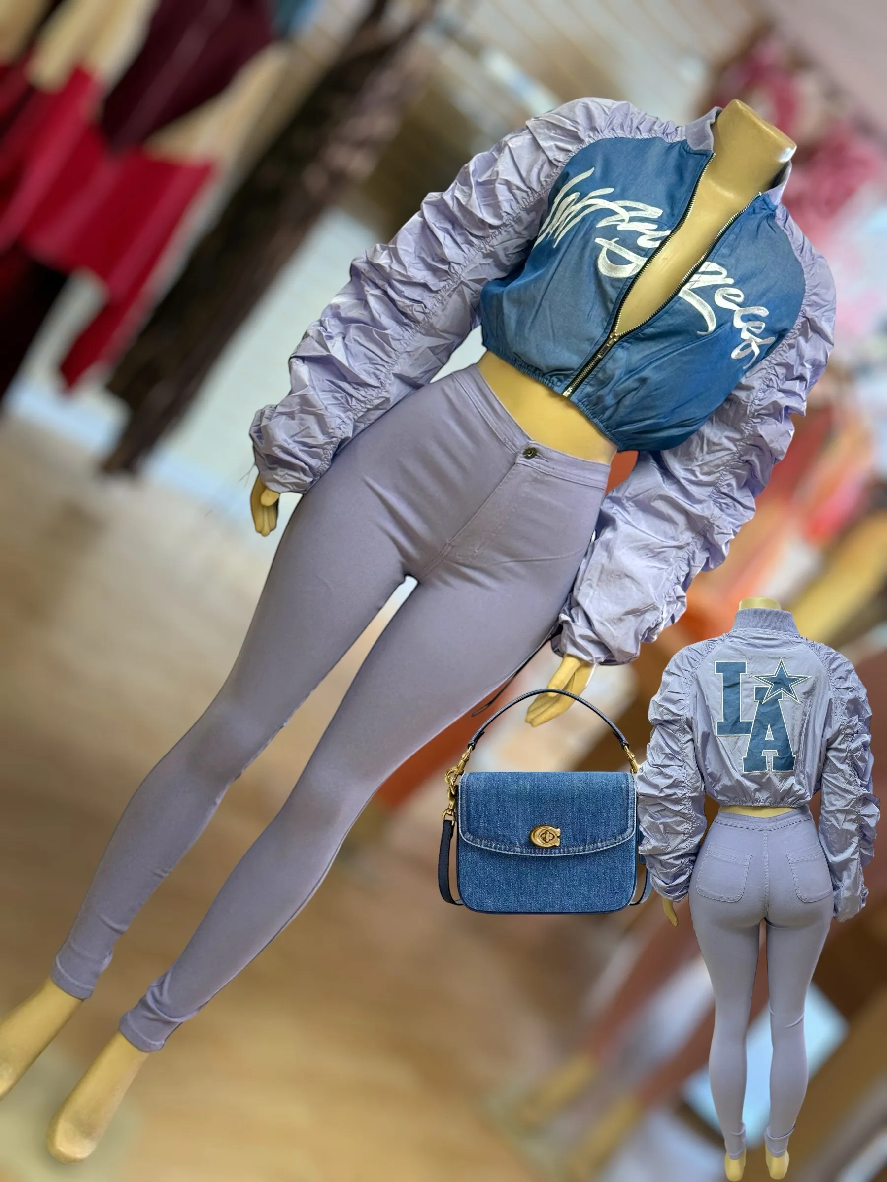 “La” Ruched Sleeve Cropped Bomber Jacket ( Purple)