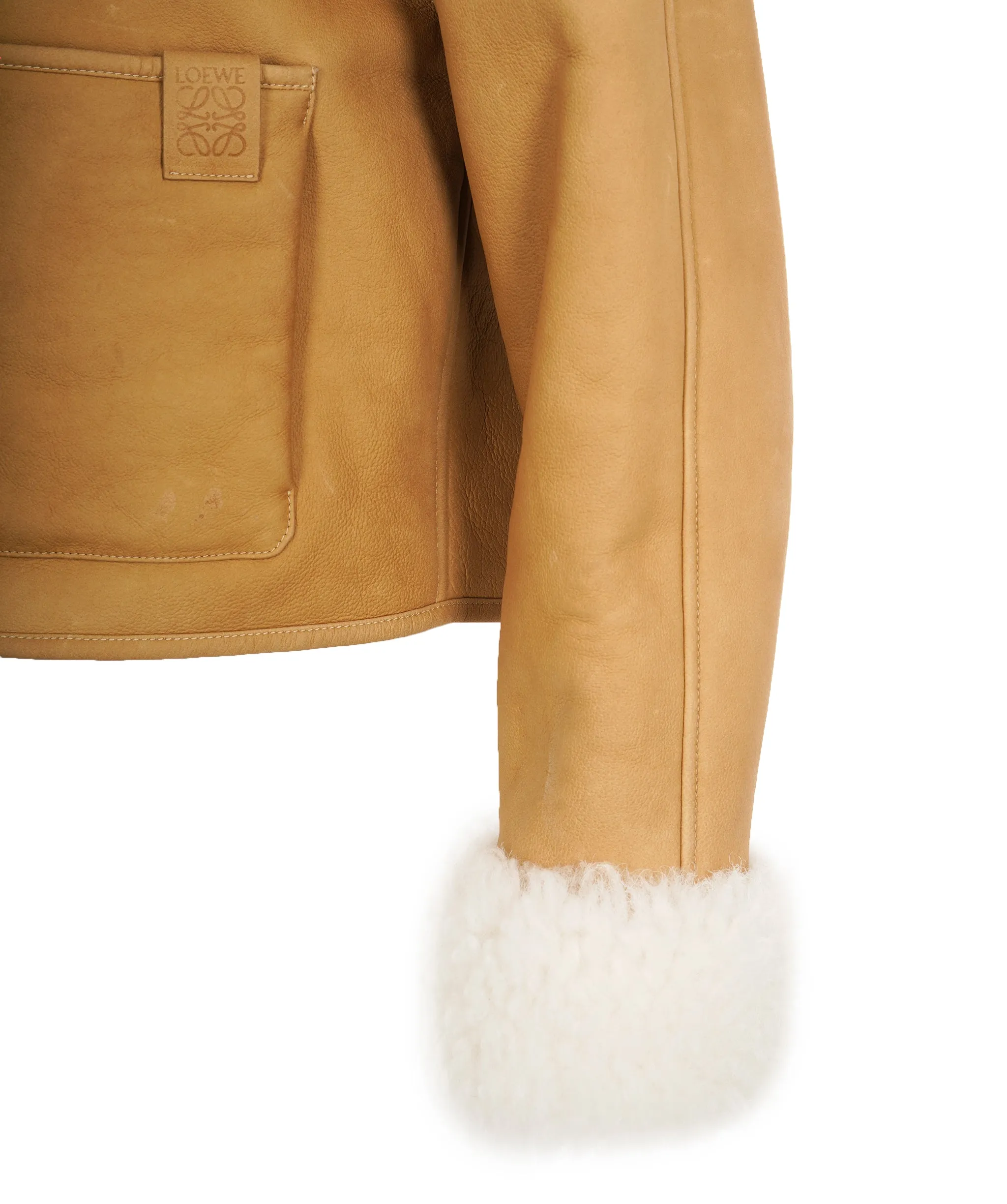 Loewe Beige Anagram Patch Detail Cropped Shearling Jacket ALC2176