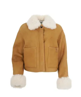 Loewe Beige Anagram Patch Detail Cropped Shearling Jacket ALC2176