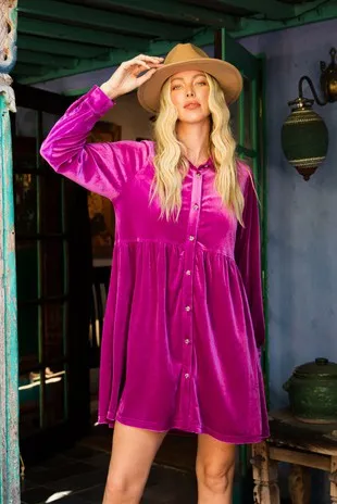 Magenta Velvet Babydoll Dress