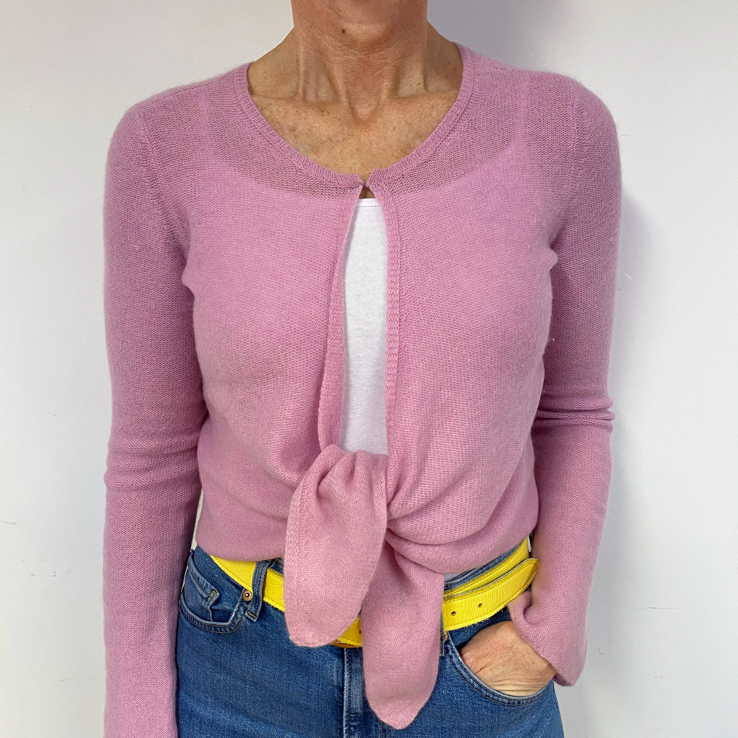 Mauve Pink Cashmere Tie Front Cardigan Medium