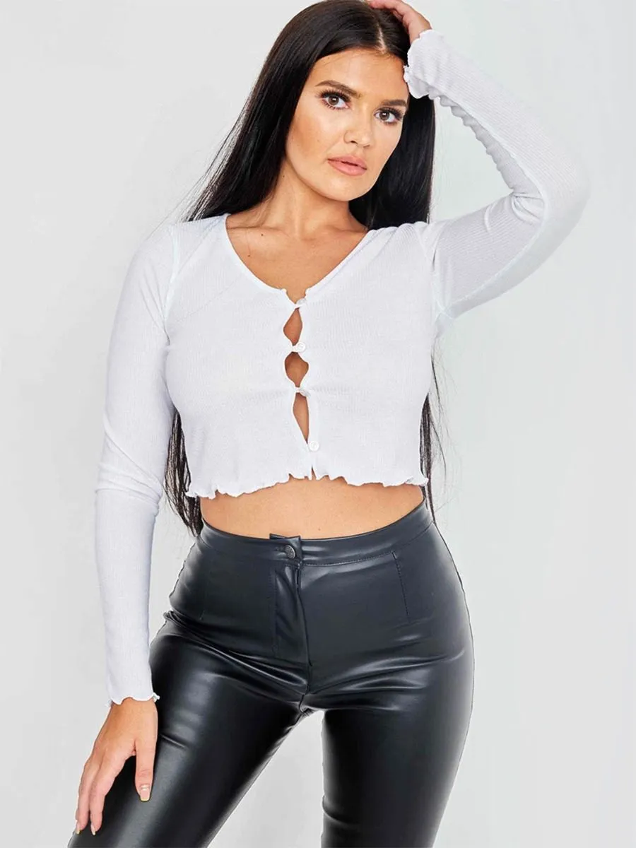 Maya Ribbed Cropped Button Cardigan In White