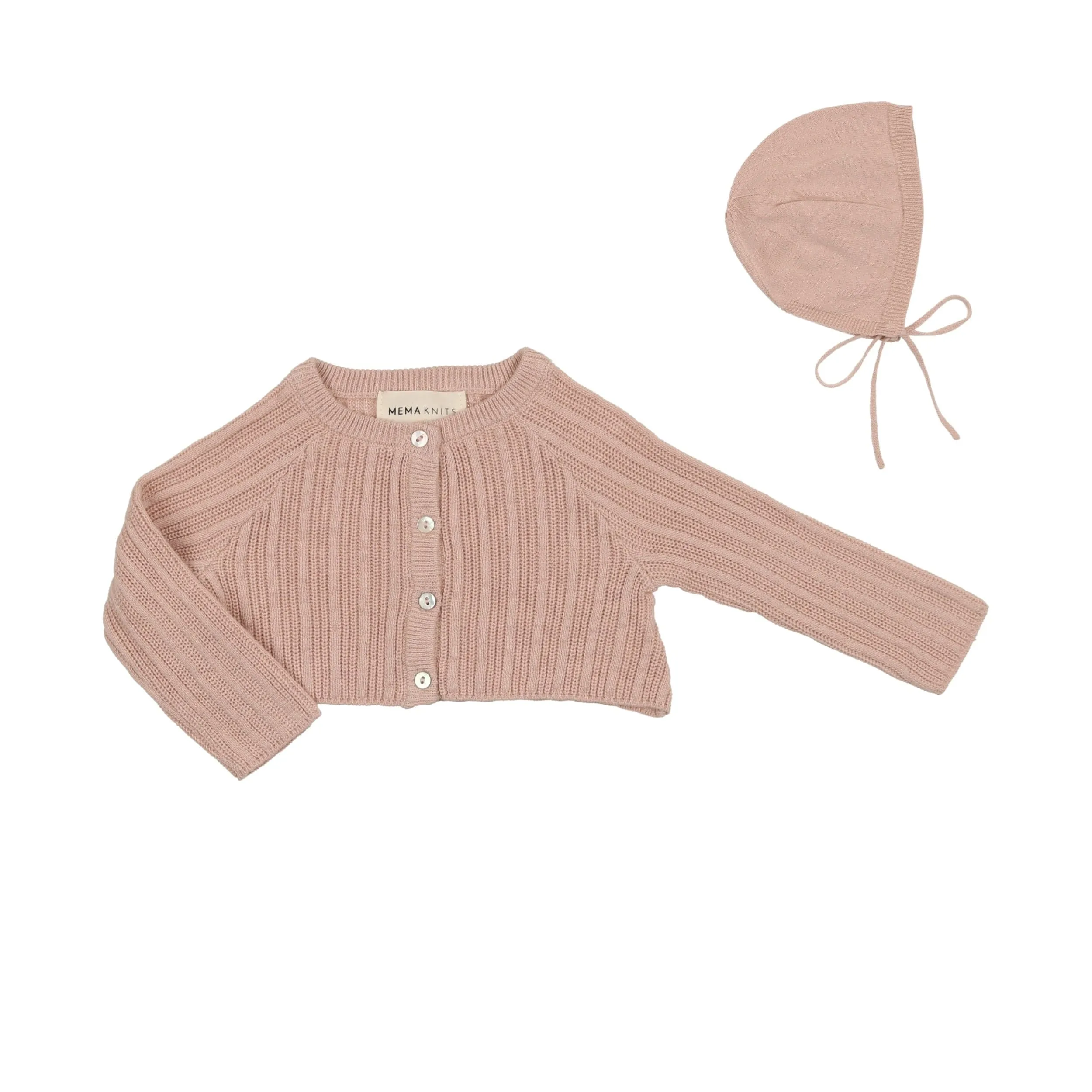 Mema Crop Pointelle Cardigan and Bonnet- Pink Tint