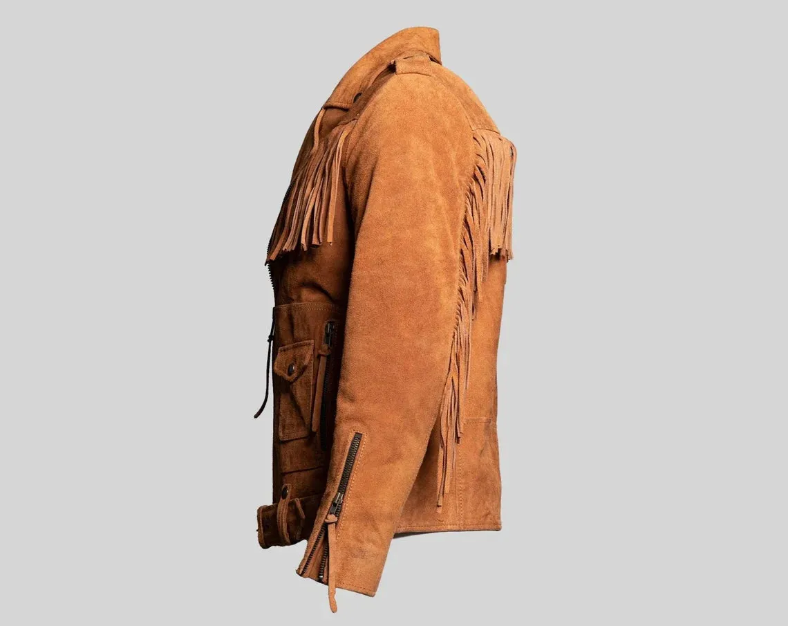 Men's Brown Suede Leather Belted Fringe Jacket, Midwest Western Style Fringe Jacket